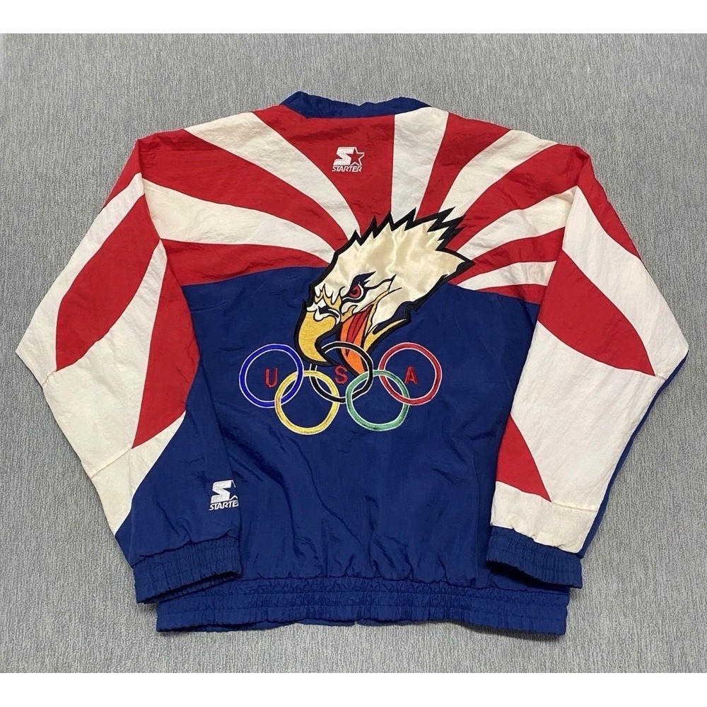 Vintage Starter USA Olympic Team Windbreaker Jacket Mens Medium Blue Red White